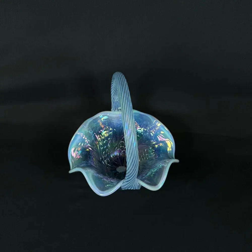 Fenton Iridescent Blue Carnaval Glass Basket h8